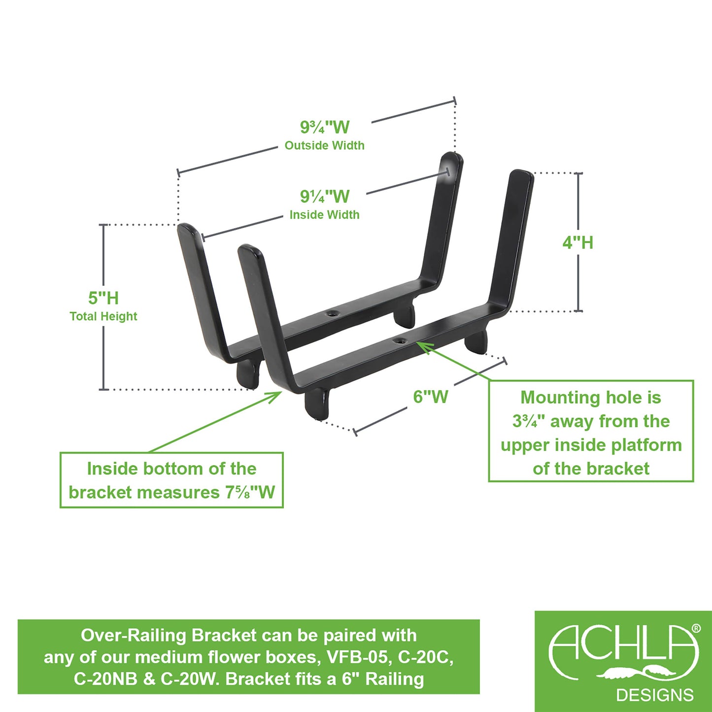 8 Inch Flower Box Bracket for 2x6 Railing ACHLA