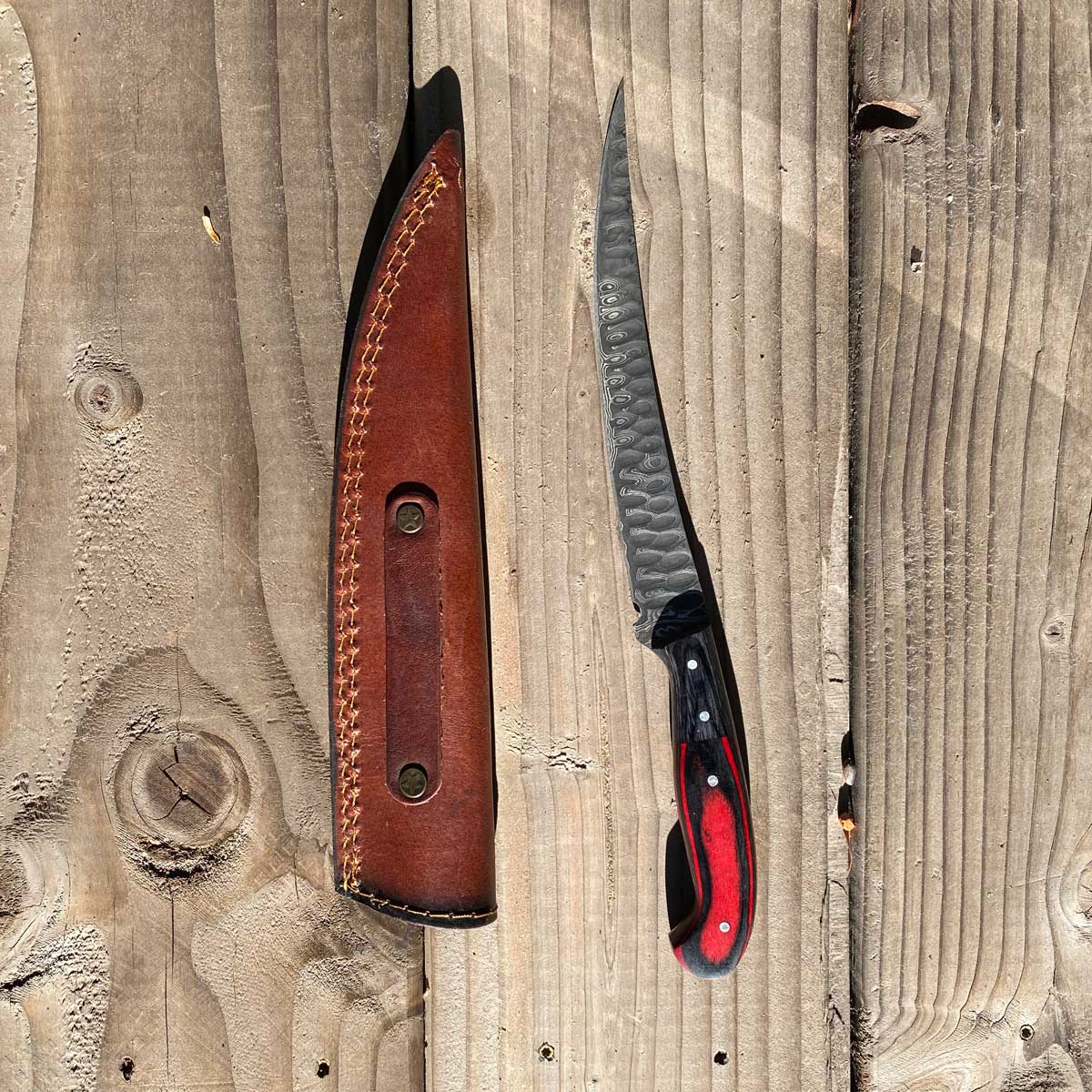 Damascus Steel Fillet Fishing Knife With Leather Sheath