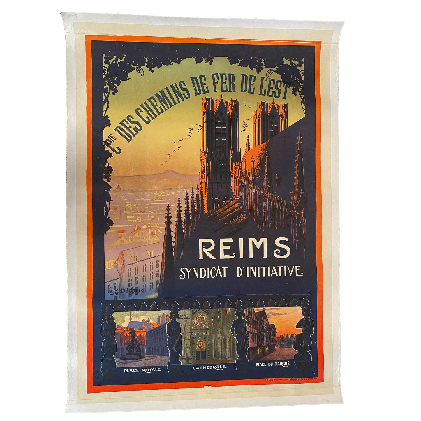 Original French Vintage Railway Travel Poster Cie Des Chemins De Fer De L'est Reims - Cathedrale - Place Royale - Place Du Marche