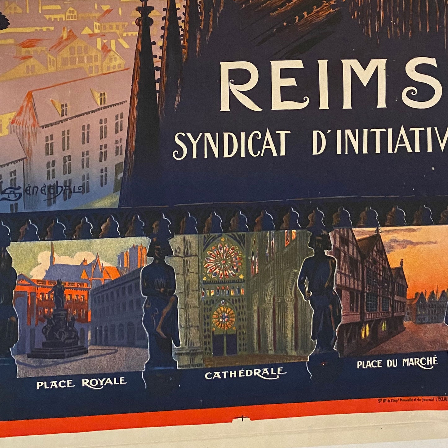 Original French Vintage Railway Travel Poster Cie Des Chemins De Fer De L'est Reims - Cathedrale - Place Royale - Place Du Marche