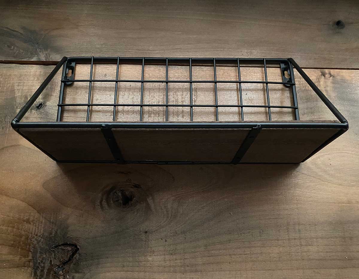Small Metal Grid Wall Shelf With Wood Accent