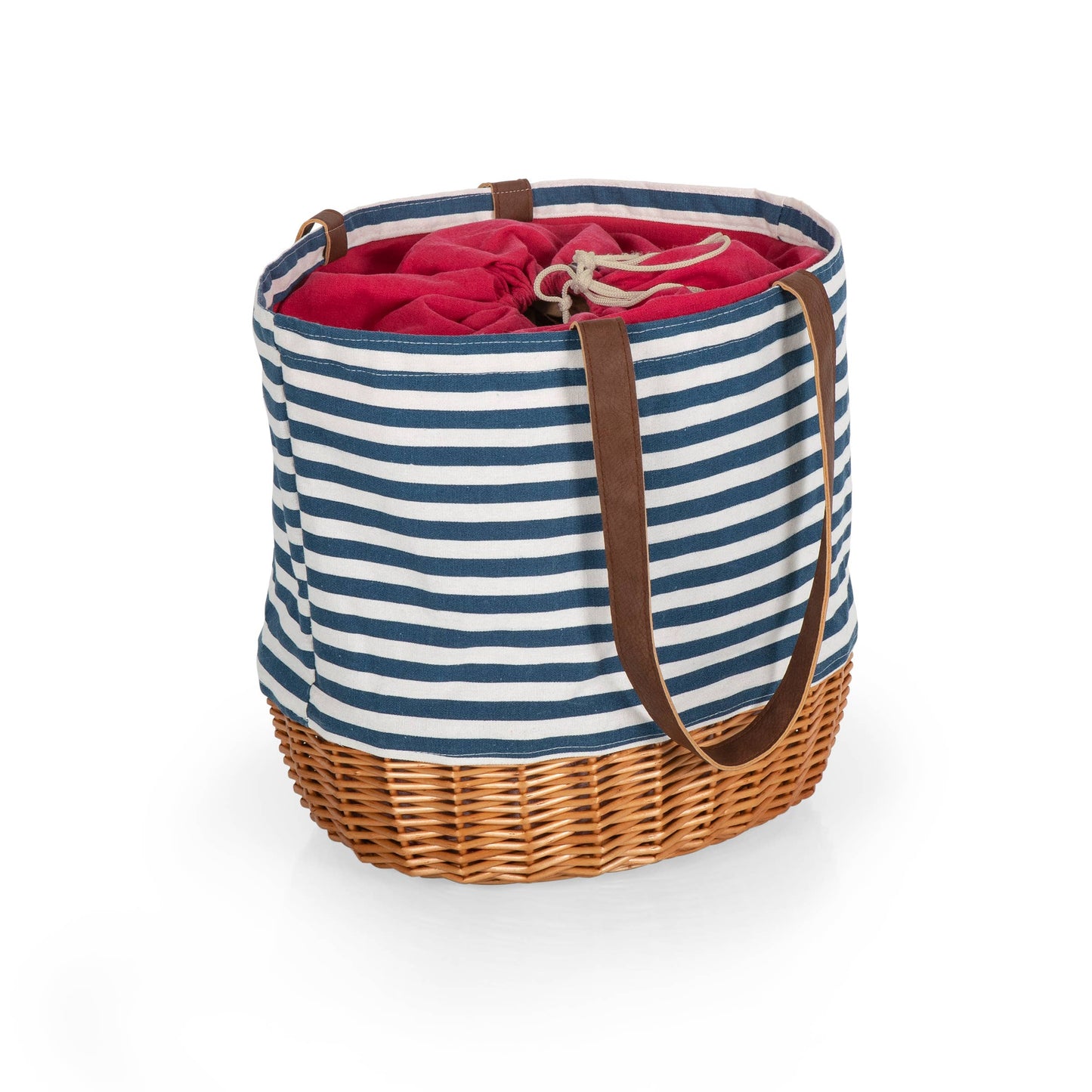 Coronado Canvas and Willow Picnic Basket Tote, (Navy Blue & White)