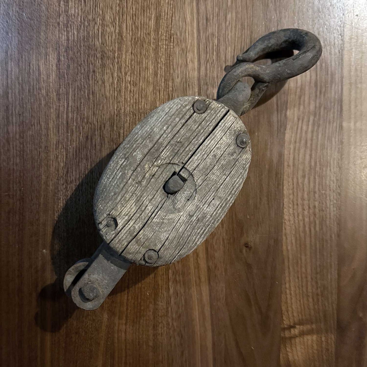 Vintage Pulley Block With Natural Patina and Forged Hook - 11 Inch