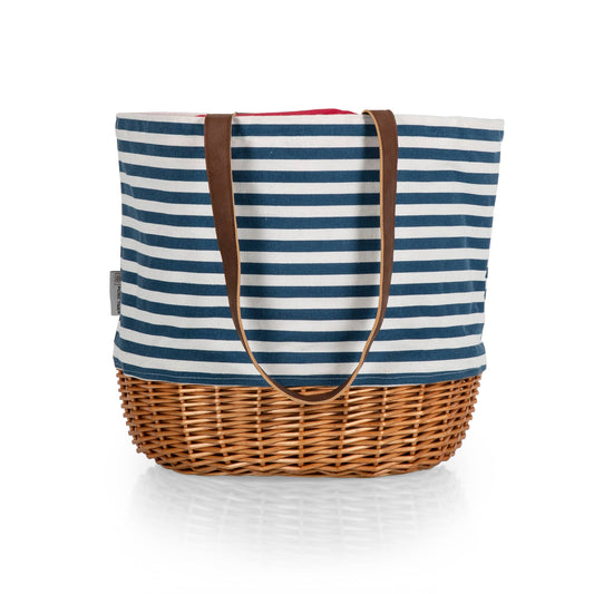 Coronado Canvas and Willow Picnic Basket Tote, (Navy Blue & White)