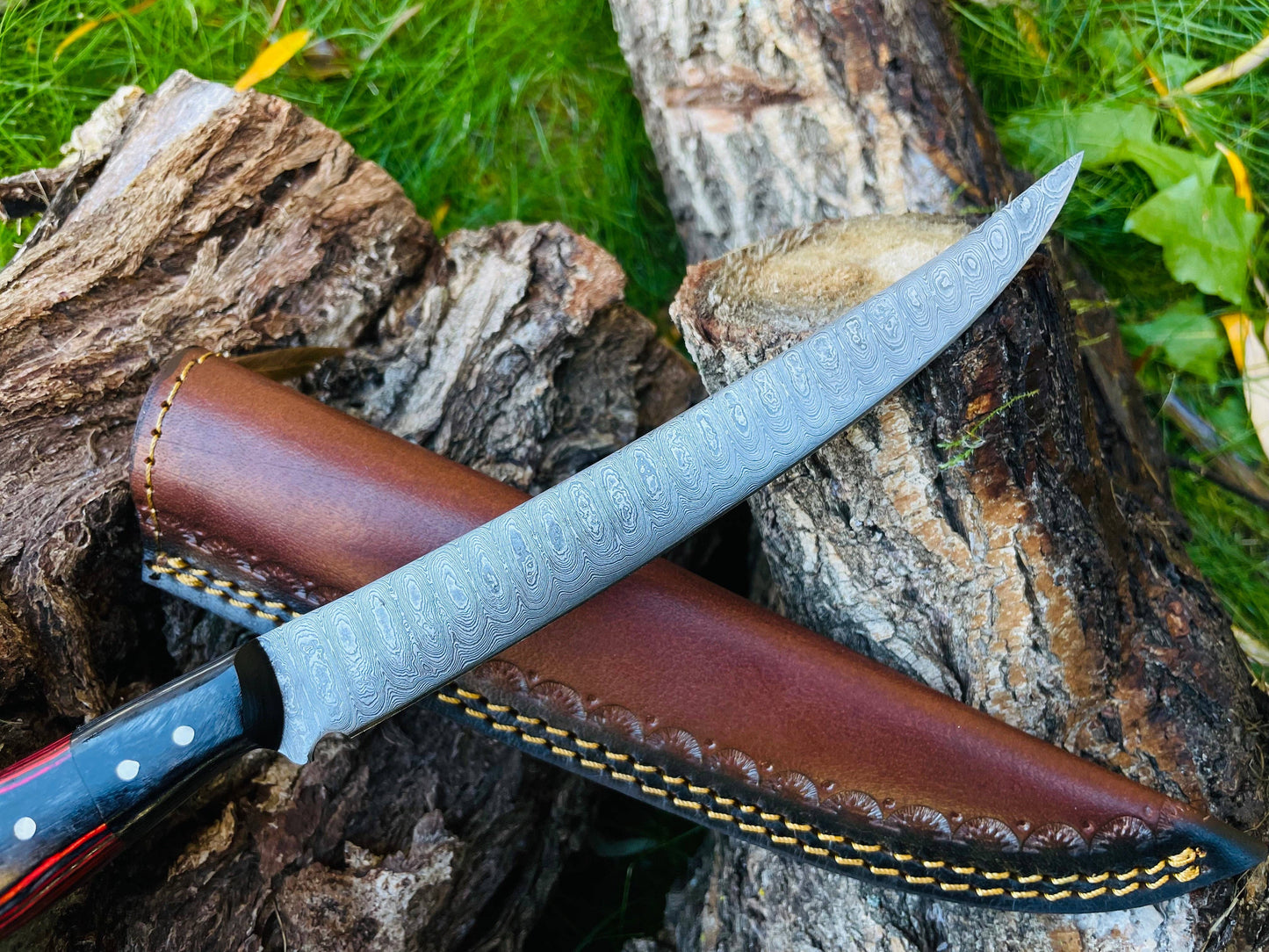 Damascus Steel Fillet Fishing Knife With Leather Sheath