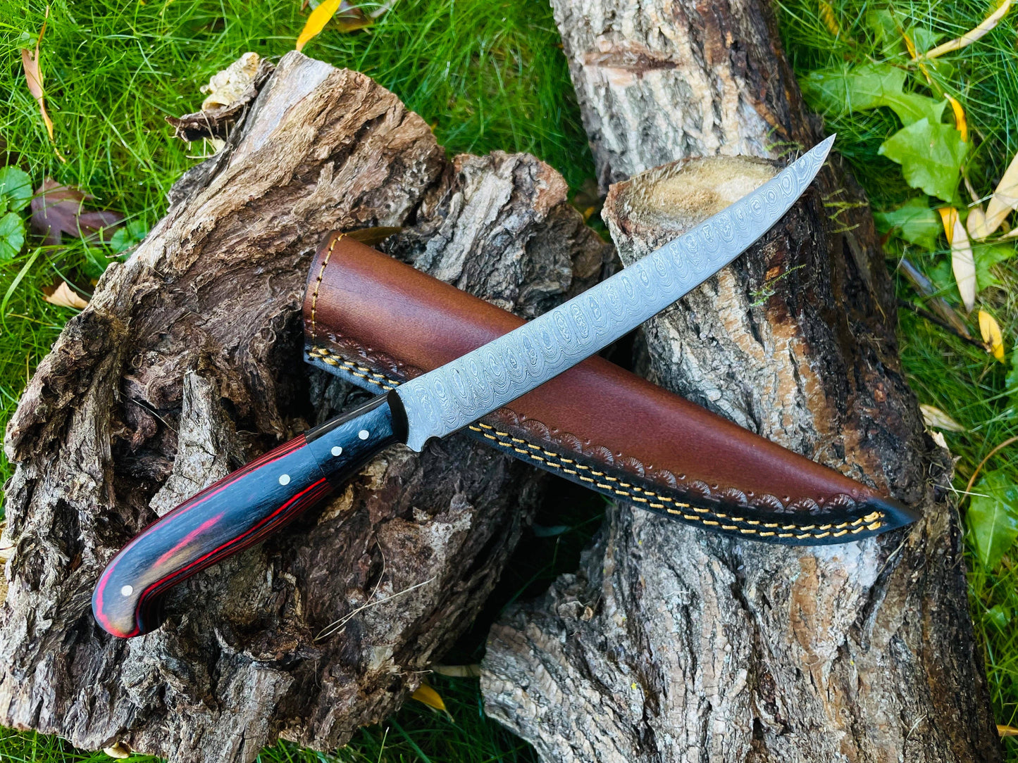 Damascus Steel Fillet Fishing Knife With Leather Sheath