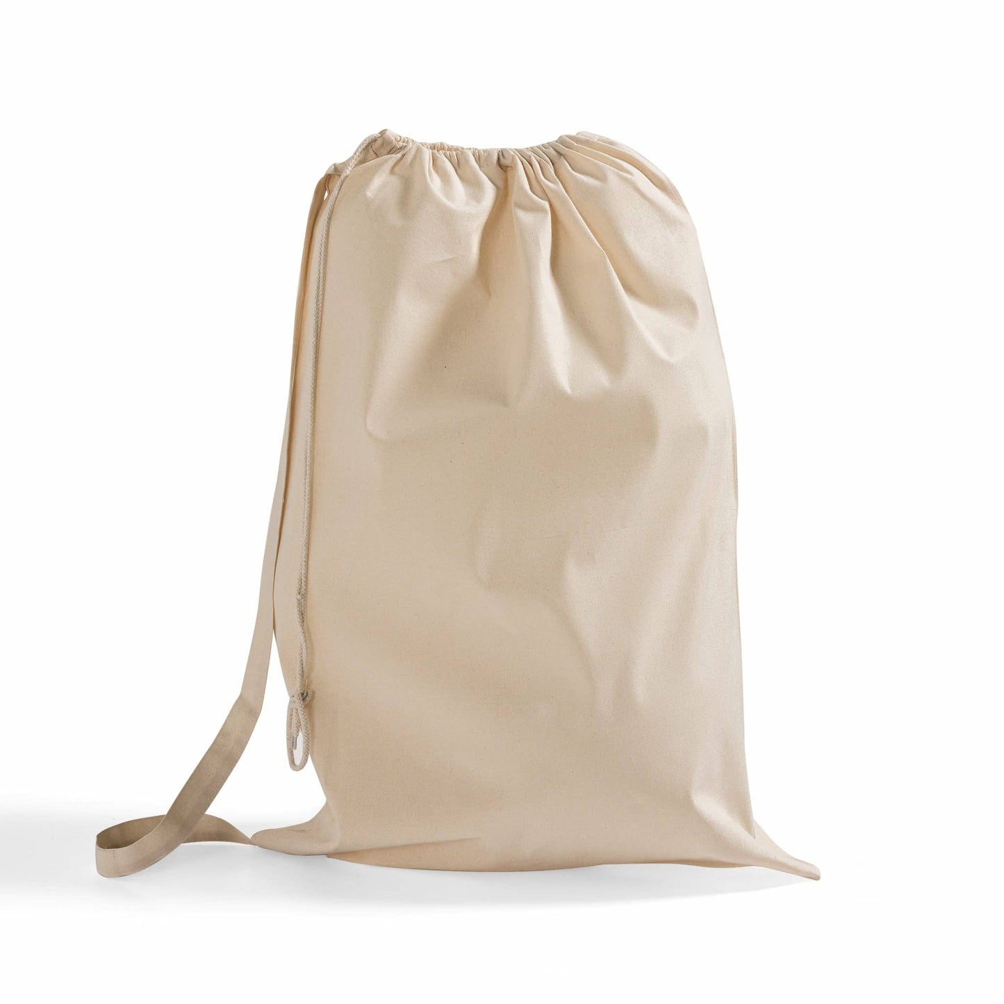 Beige drawstring bag on a white background