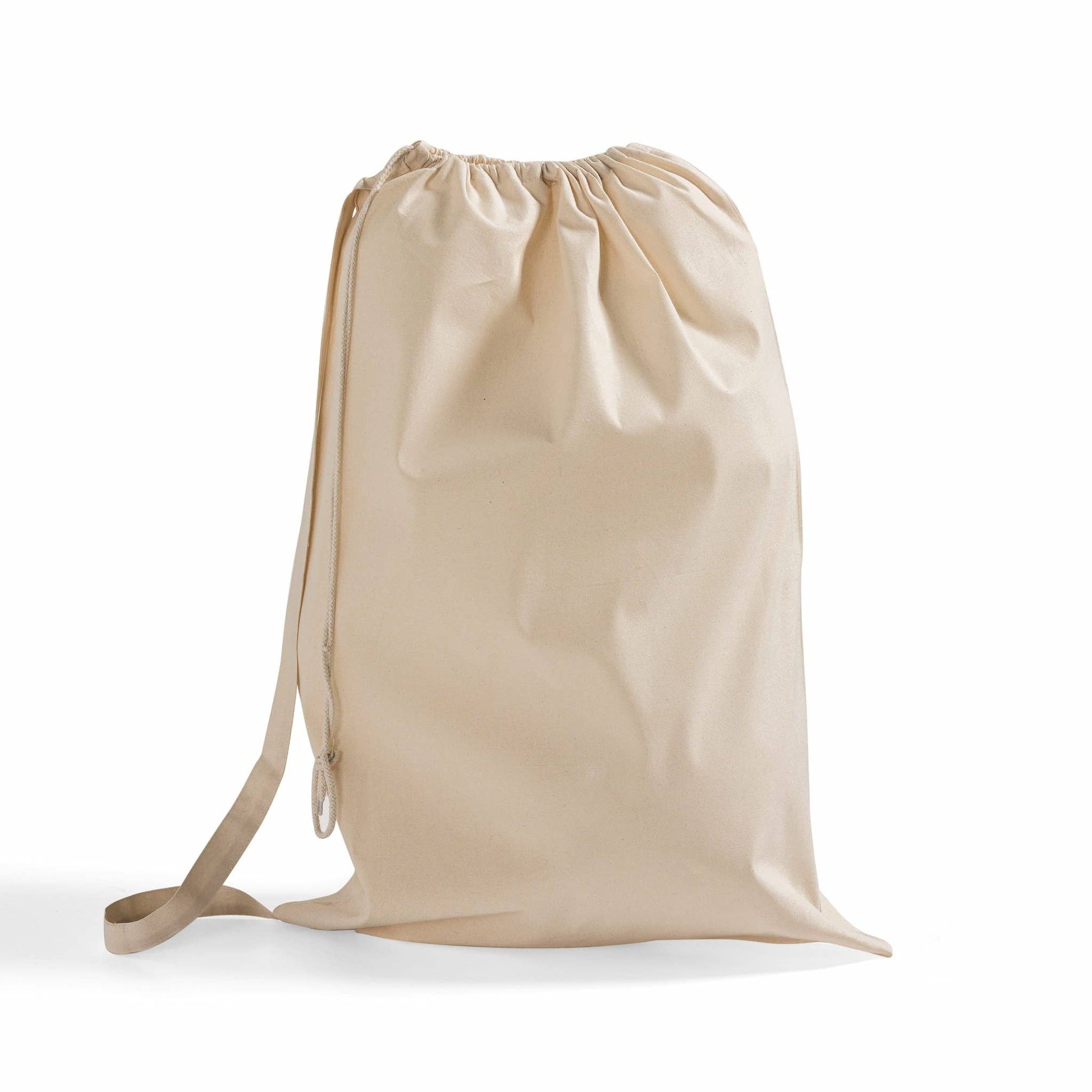 Beige drawstring bag on a white background