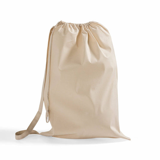 Beige drawstring bag on a white background