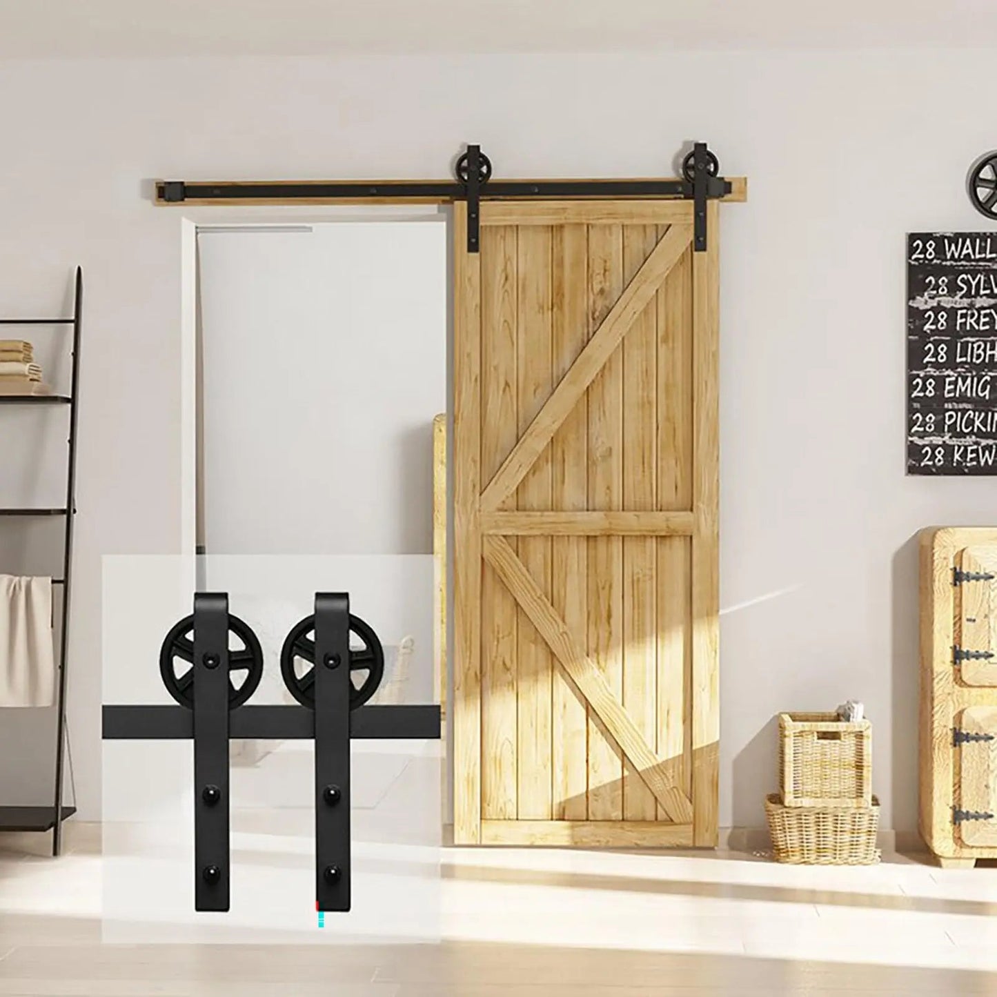 Big Spoke Wheel Roller Sliding Barn Door Hardware Kit - Steel / Black  - Door Not Included