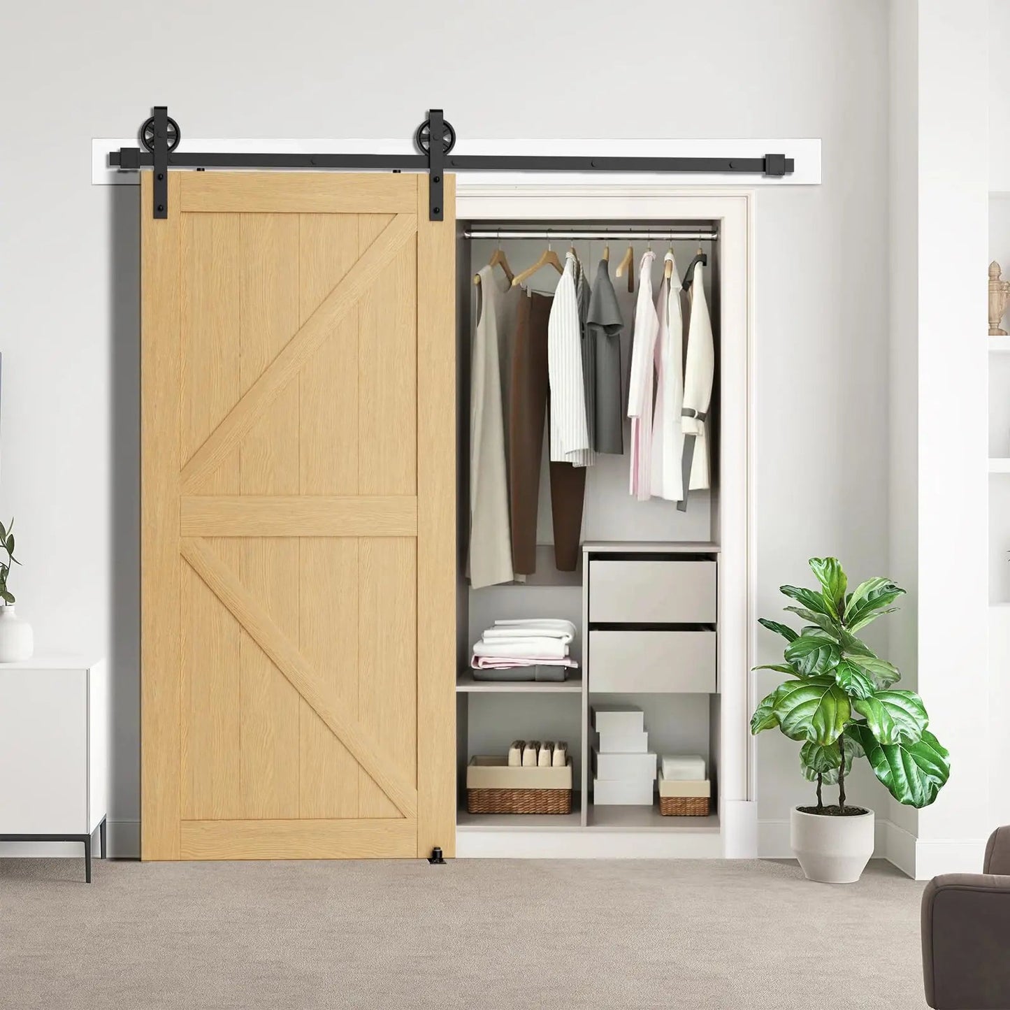Big Spoke Wheel Roller Sliding Barn Door Hardware Kit - Steel / Black  - Door Not Included