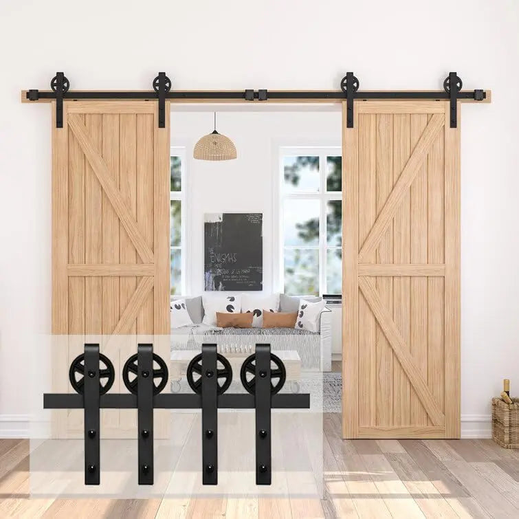 Big Spoke Wheel Roller Sliding Barn Door Hardware Kit - Steel / Black  - Door Not Included