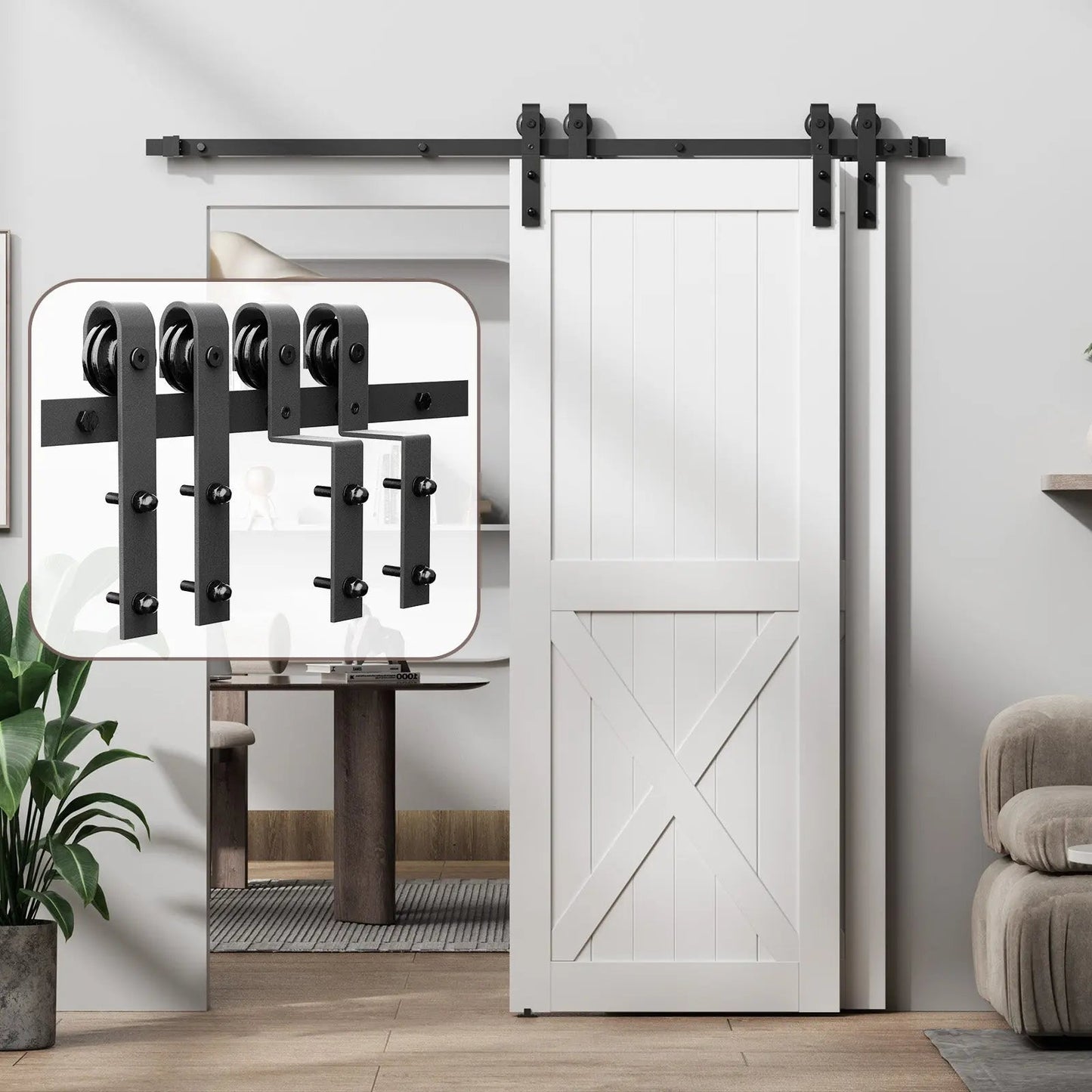 White sliding barn door with black hardware in a modern interior setting.