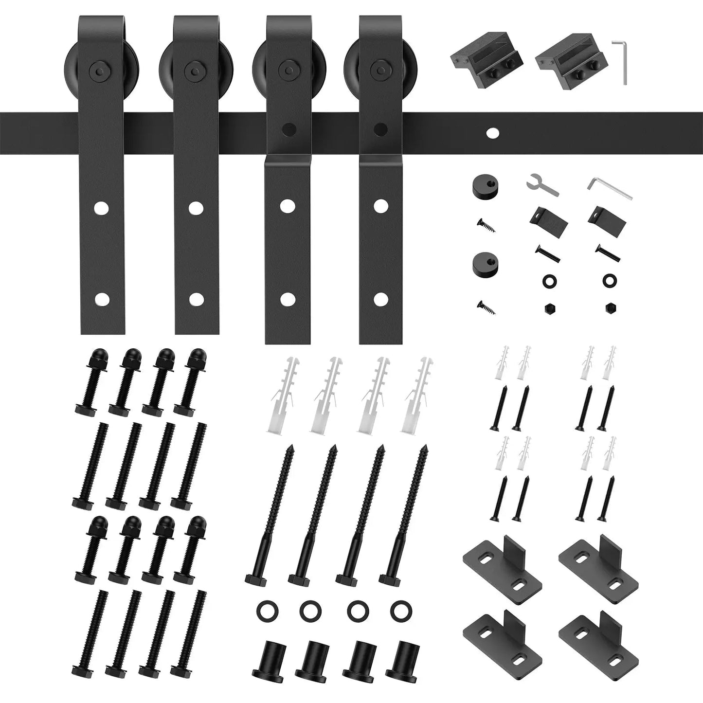Barn door hardware kit with various components on a white background