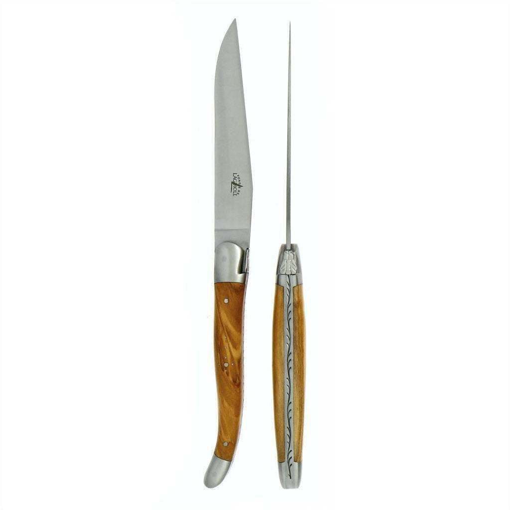 Forge de Laguiole Set of 2 Olive Wood Handle Steak Knifes - Satin Finish