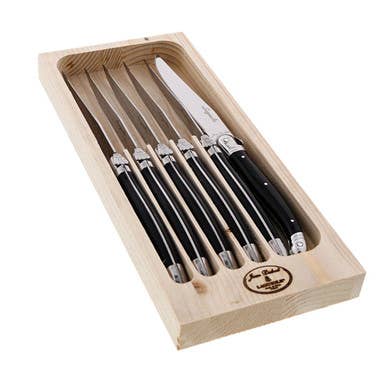 Jean Dubost Steak Knives with Black Handles in Tray Set of Six