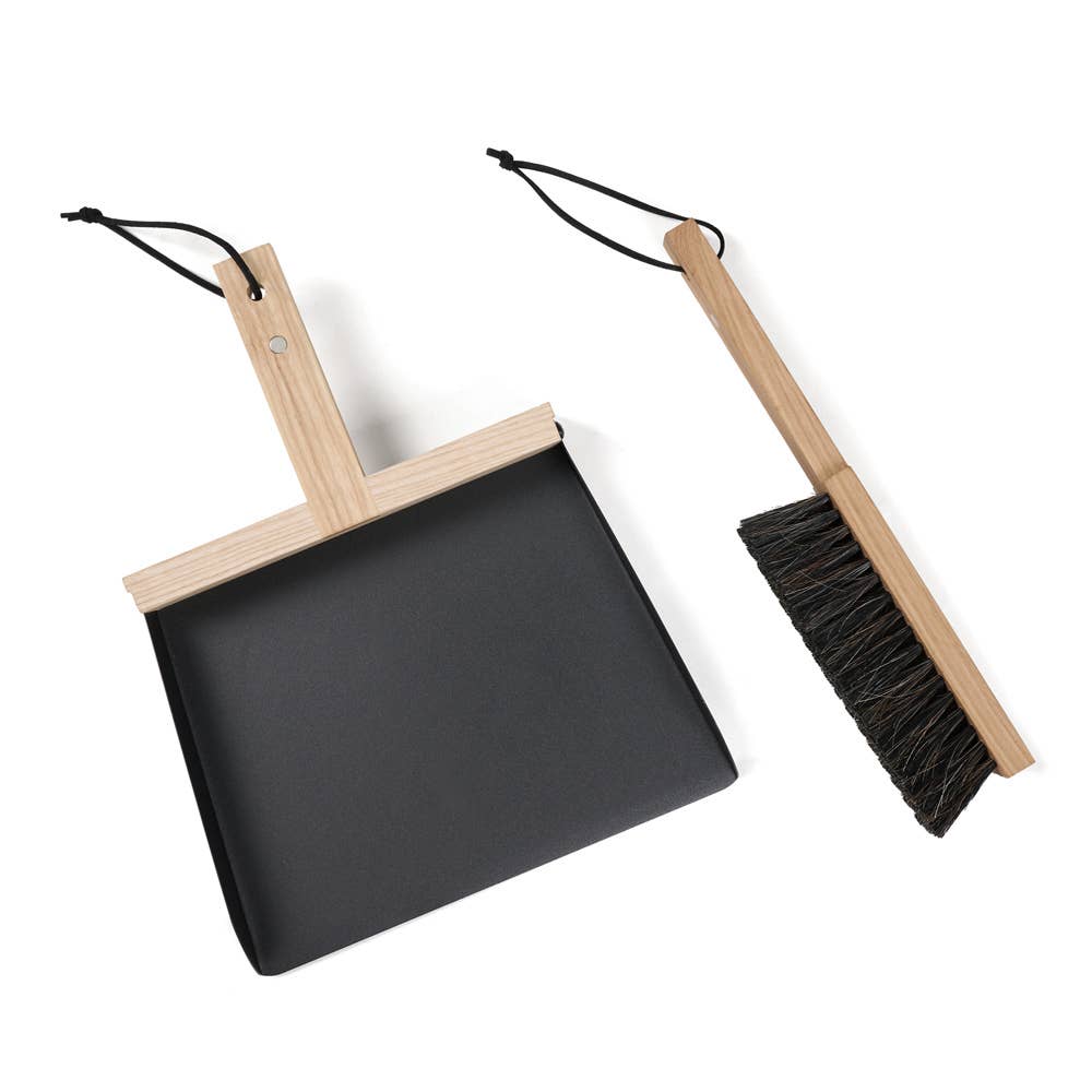 Brush and Dustpan Set Black Metal and Wood - Premium By Benson