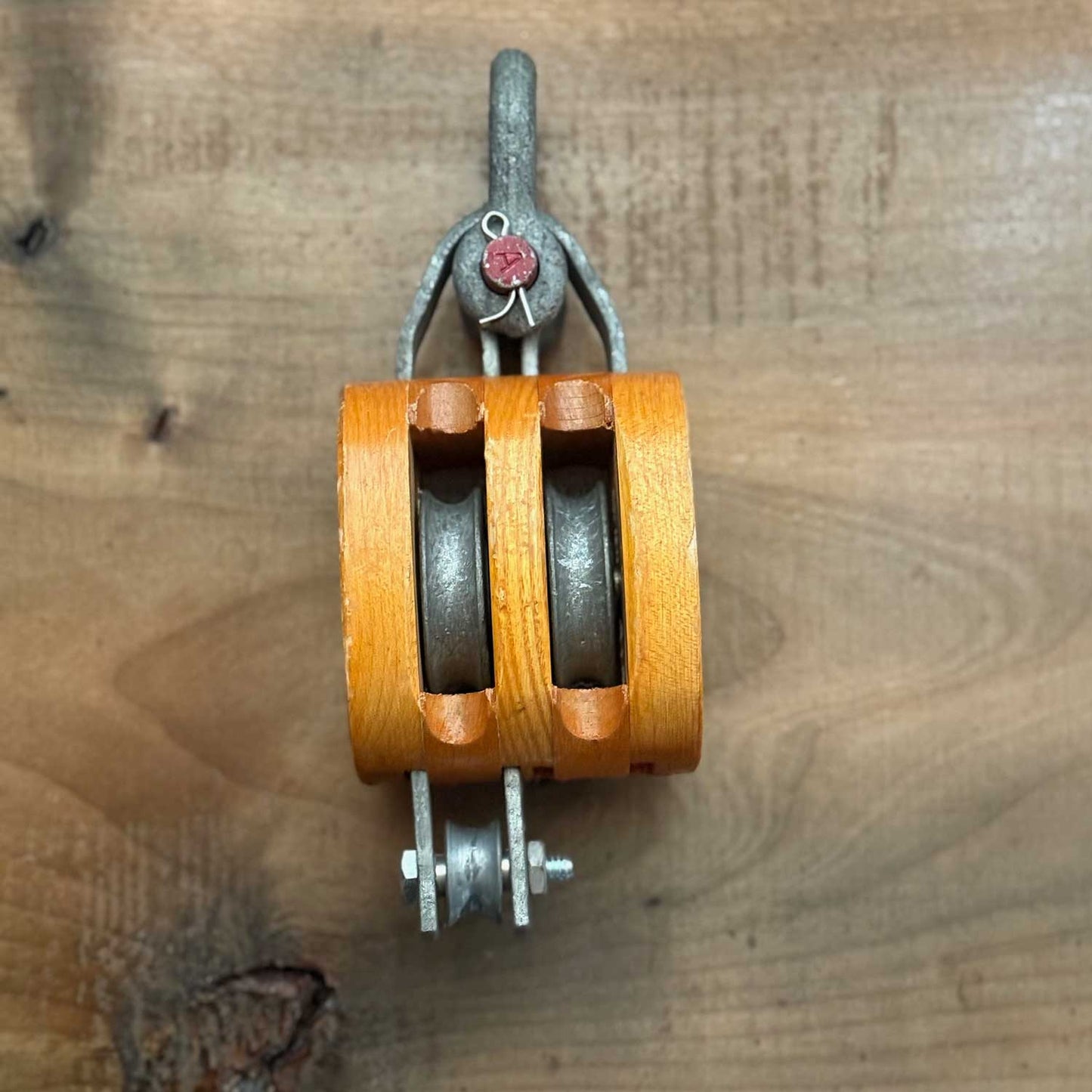 Vintage Crosby-Western Double Sheave Wooden Block Pulley