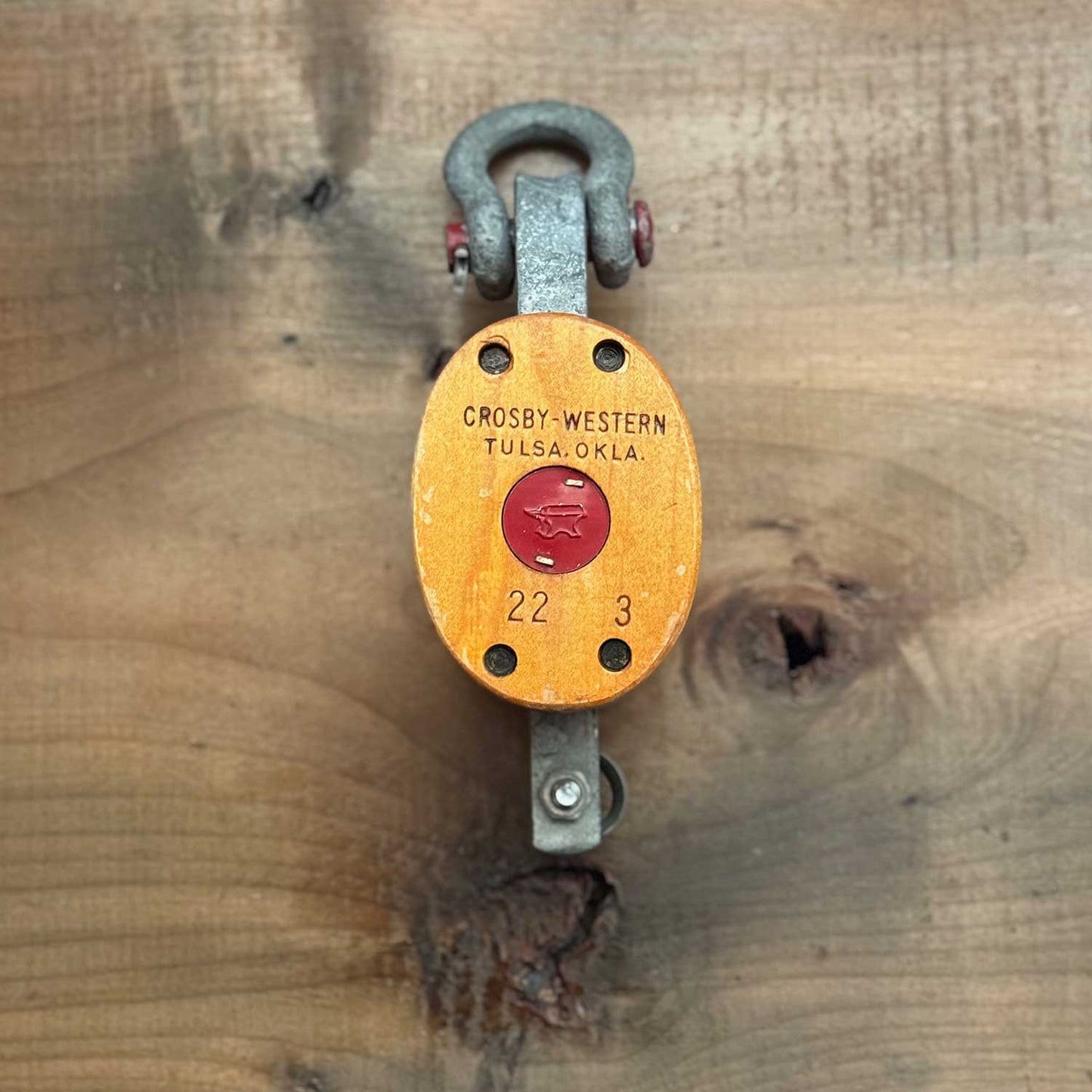 Vintage Crosby-Western Double Sheave Wooden Block Pulley
