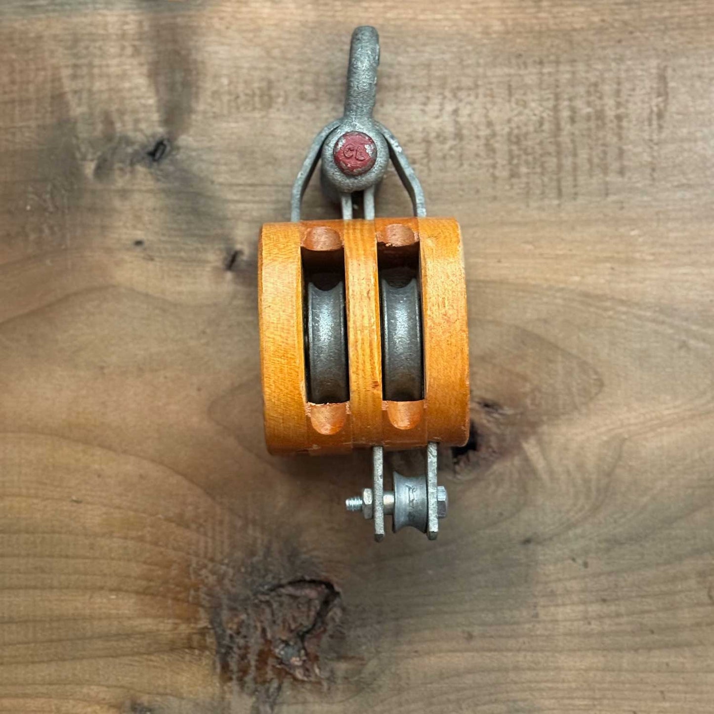 Vintage Crosby-Western Double Sheave Wooden Block Pulley