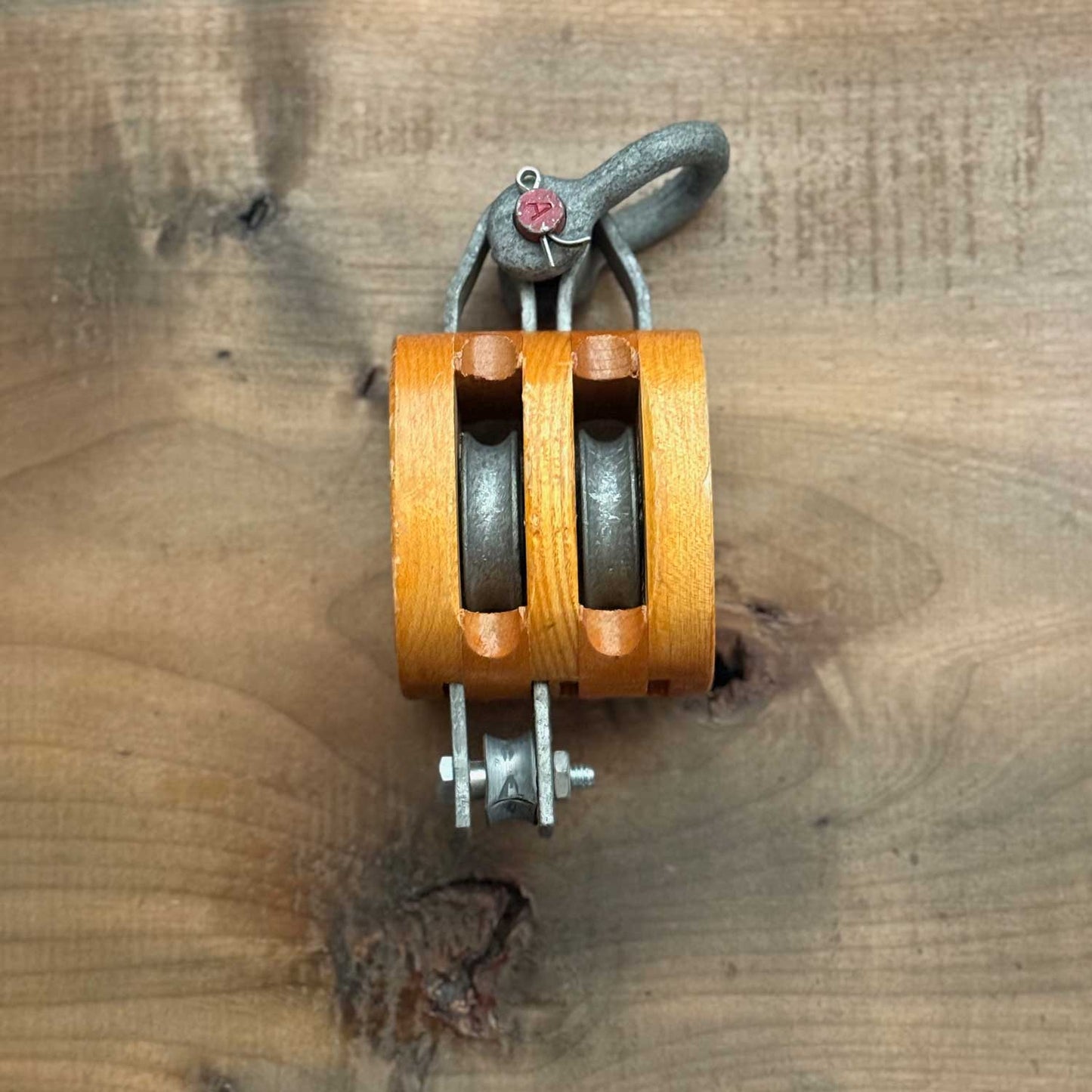 Vintage Crosby-Western Double Sheave Wooden Block Pulley