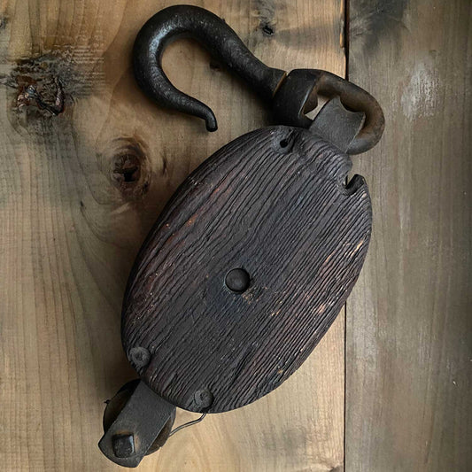 Rustic Vintage Wood Block Pulley with Dark Finish