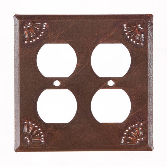 Double Outlet Cover with Chisel in Rustic Tin - Metal with Rust-Toned Finish