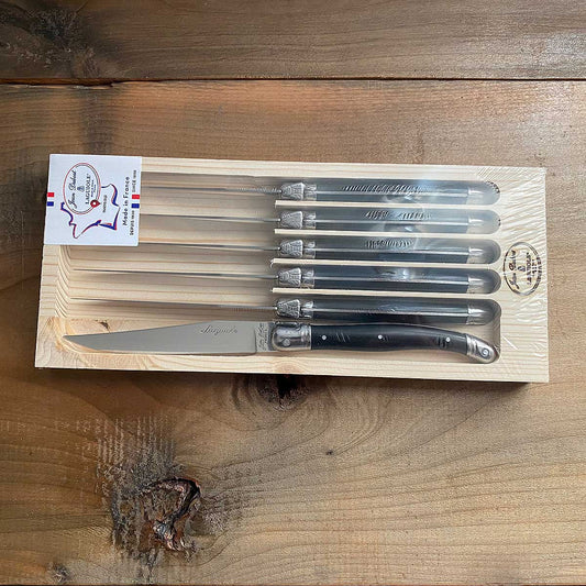 Jean Dubost Steak Knives with Black Handles in Tray Set of Six