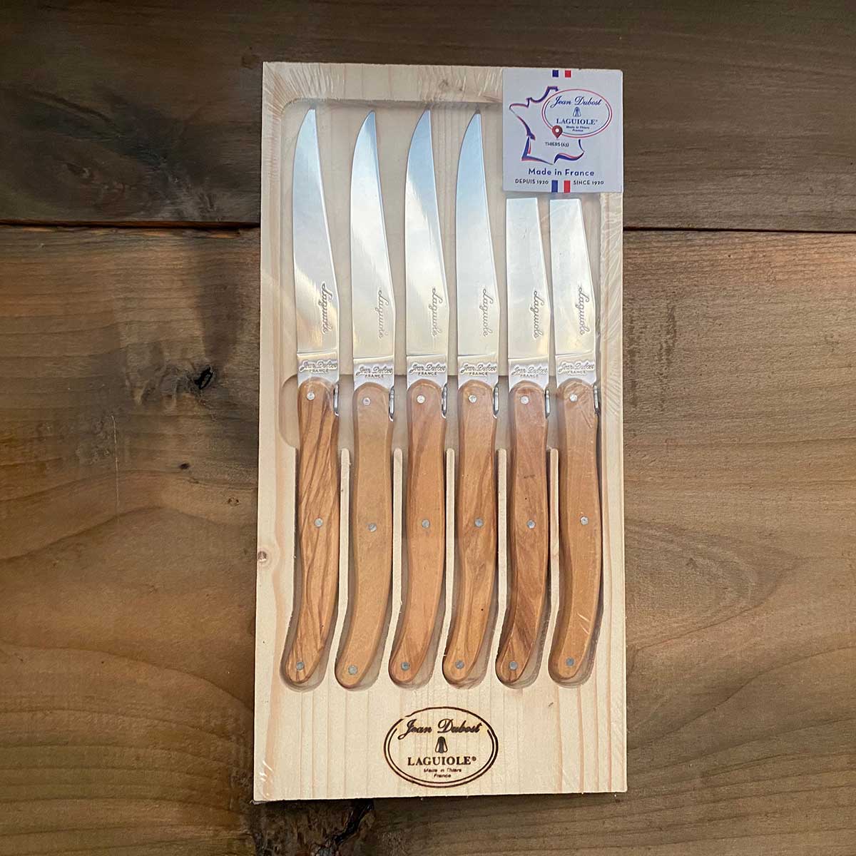 Jean Dubost Laguiole 6 Steak Knives Olive Wood Handles in a Box