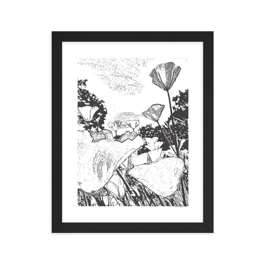 Vintage Style Poppies Framed Poster Print Two Tone 11 x 14 Inches