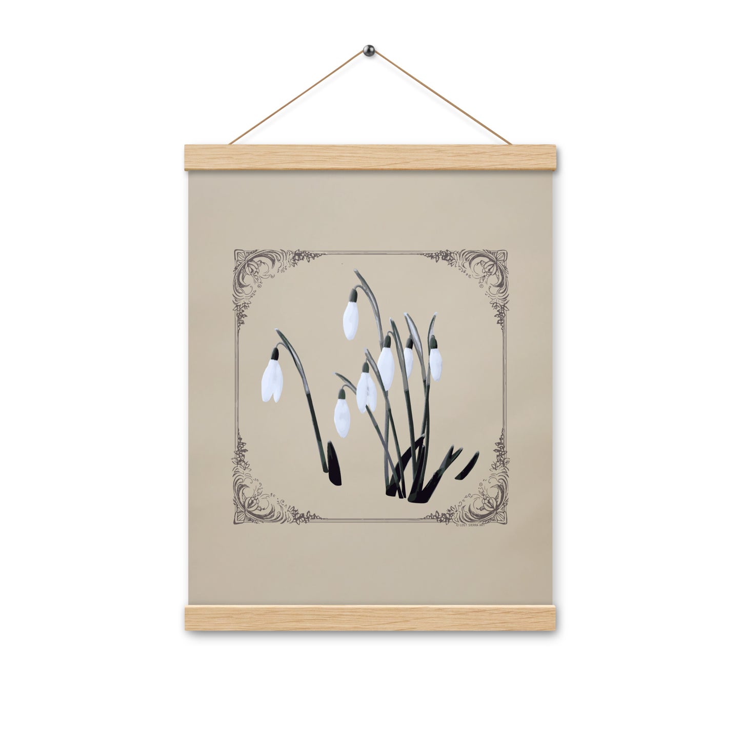 Vintage Style Snowdrops Poster Print with Hangers on Light Brown Color