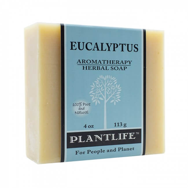Eucalyptus aromatherapy herbal soap bar with blue label on a white background