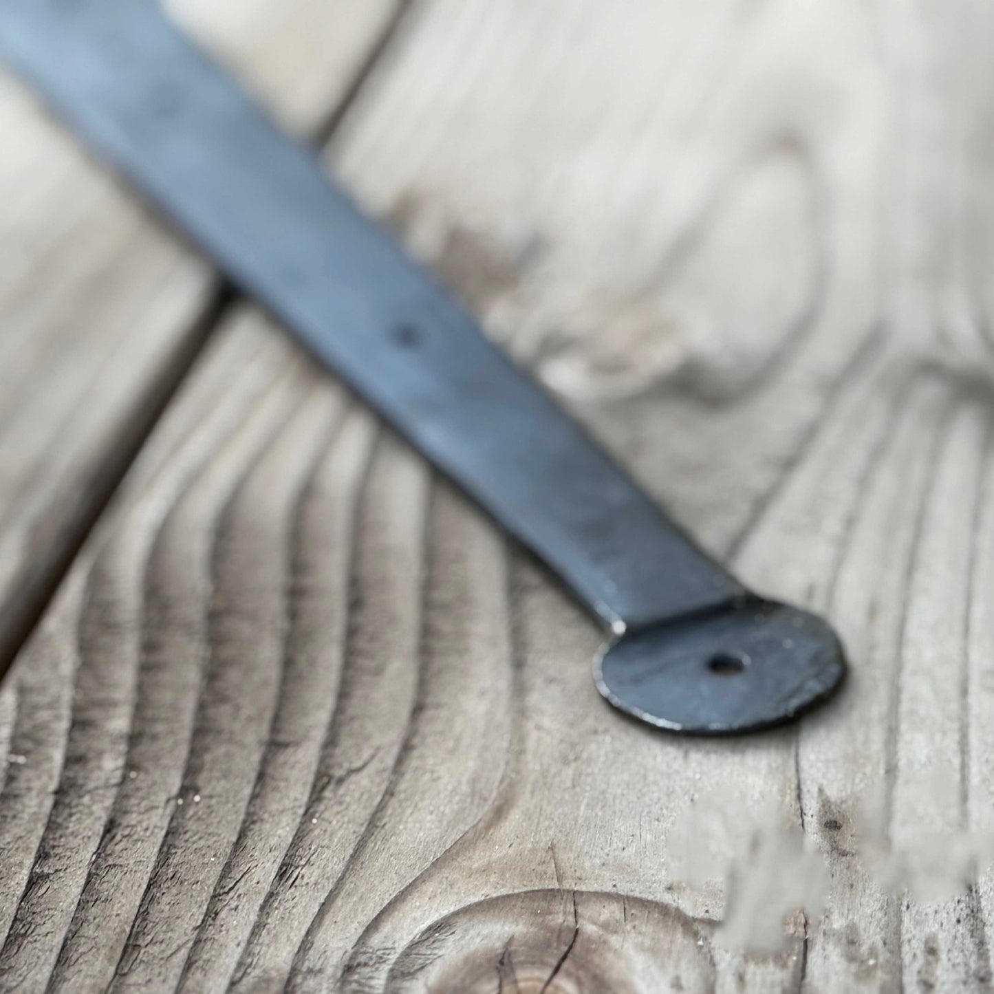 Forged 15 Inch Strap Hinge with Round Penny End Tip - Thicker, 3/8 Inch Steel