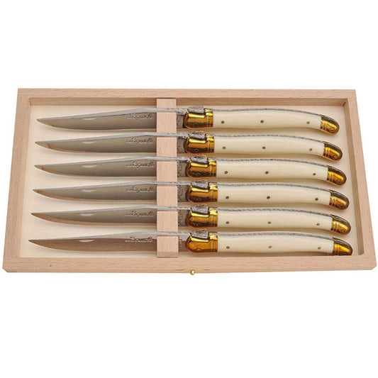 Jean Dubost 6 Steak Knives Ivory Colored Handle