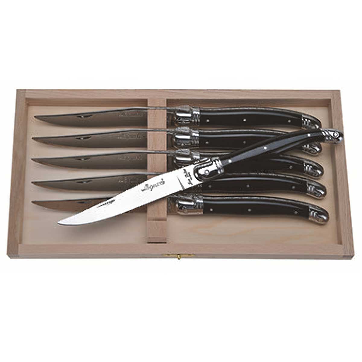 Jean Dubost 6 Steak Knives with Black Handles in a Box