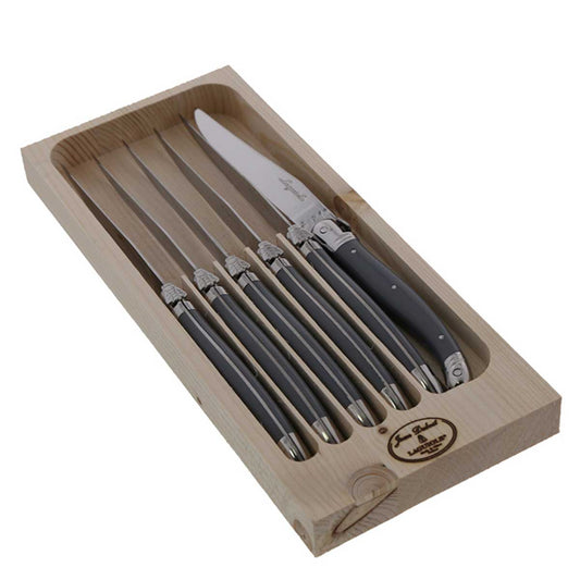 Jean Dubost 6 Steak Knives with Gray Handles in Wood Tray