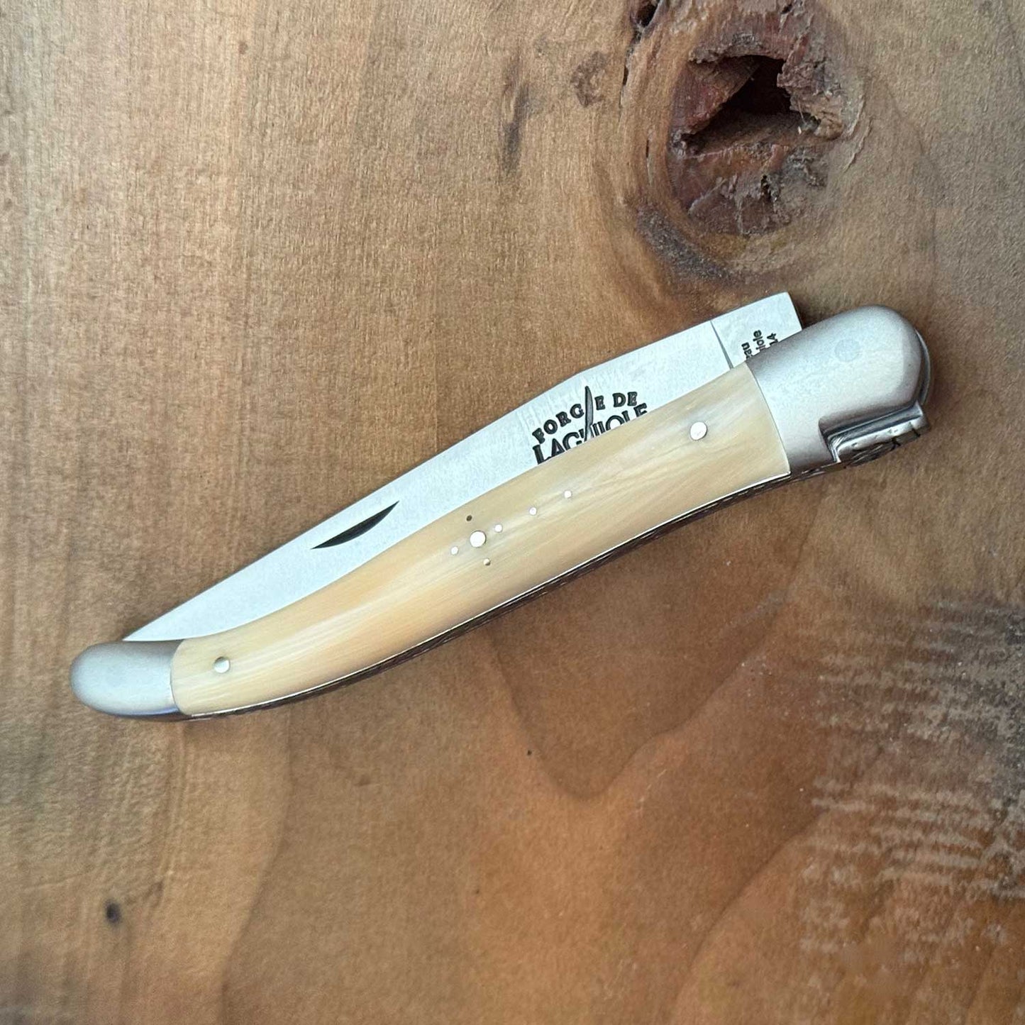 Forge de Laguiole Tradition 12 cm Pocket Knife with Light Horn Tip Handle and Brushed Stainless Satin Finish