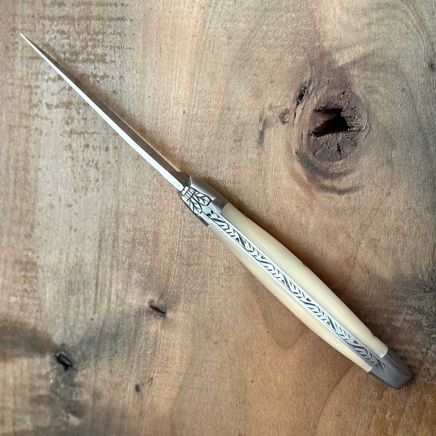 Forge de Laguiole Tradition 12 cm Pocket Knife with Light Horn Tip Handle and Brushed Stainless Satin Finish