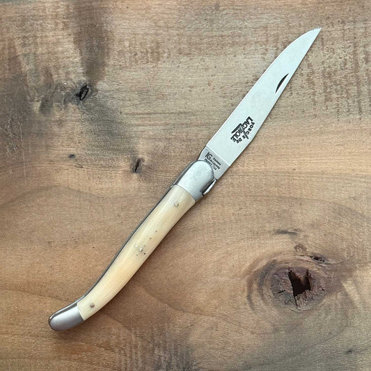 Forge de Laguiole Tradition 12 cm Pocket Knife with Light Horn Tip Handle and Brushed Stainless Satin Finish