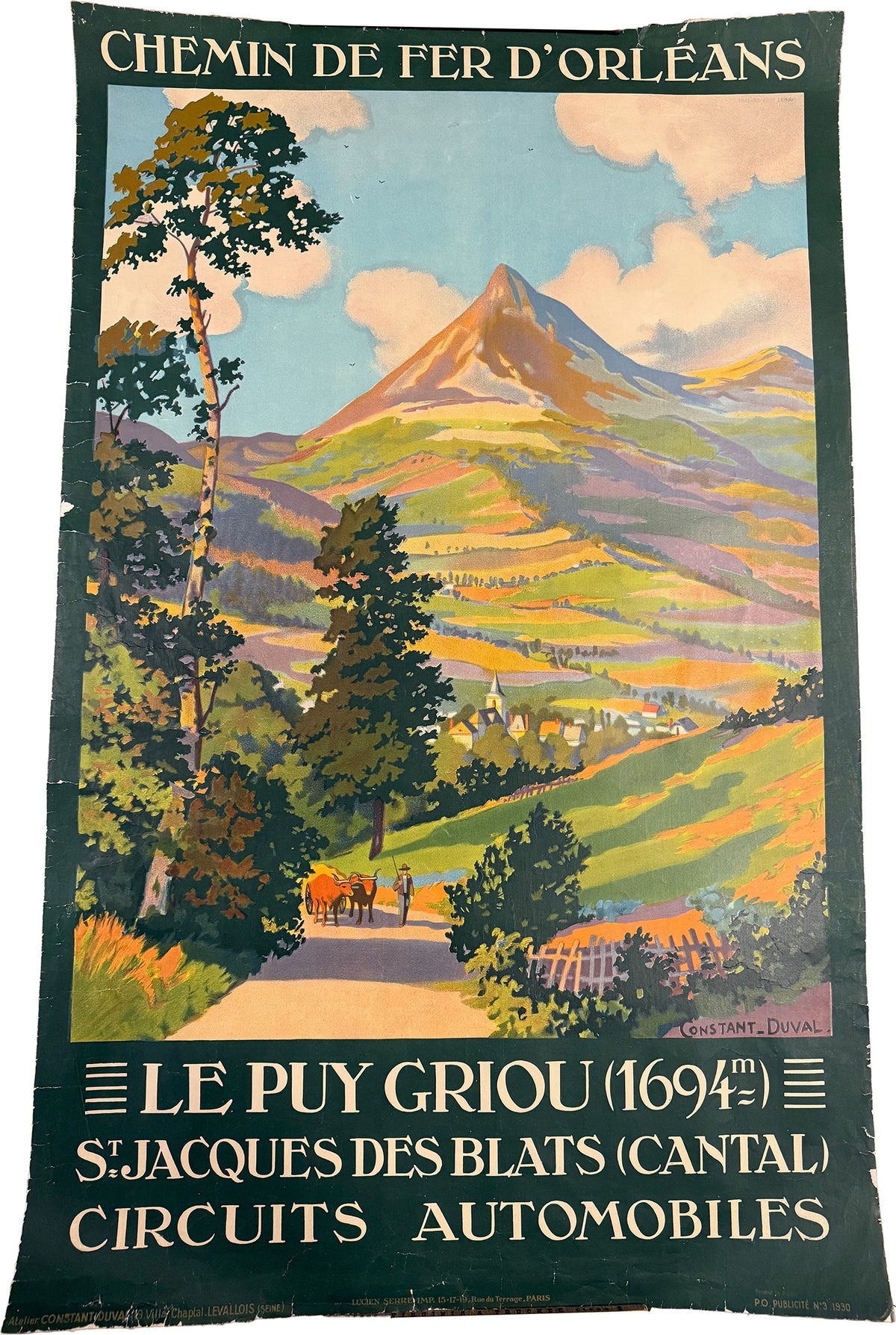 Vintage travel poster for the Chemin de Fer d'Orléans, advertising Le Puy Griou and Saint-Jacques-des-Blats in Cantal, France. The artwork depicts a scenic mountain landscape with green hills, trees, a road, and a train carriage, framed by dark green borders with white text.