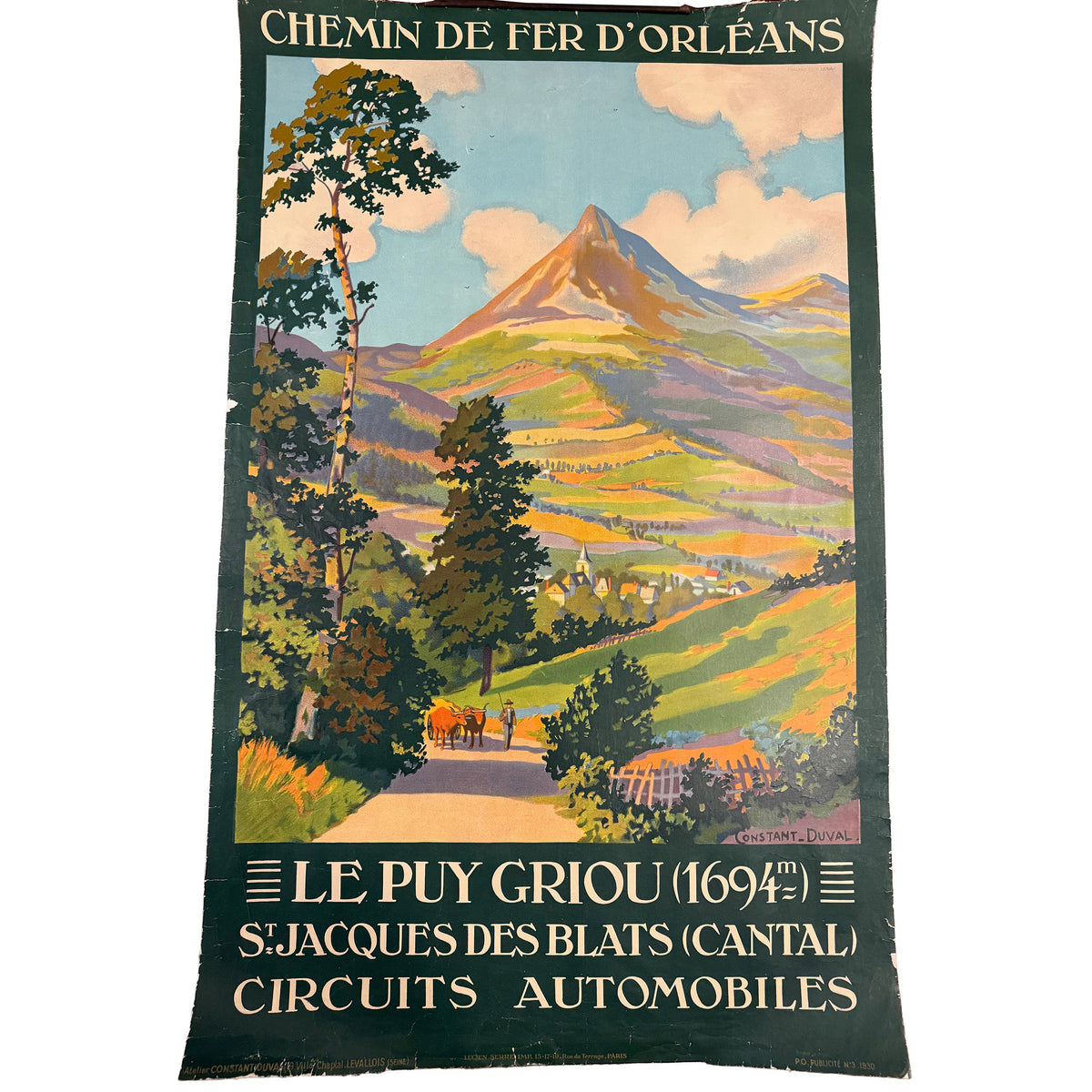 Vintage French railway poster for Le Puy Griou, featuring a colorful landscape illustration with a mountain, trees, and a road, bordered by dark green text bands at the top and bottom.
