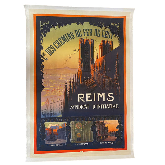 Original French Vintage Railway Travel Poster  Cie Des Chemins De Fer De L'est Reims - Cathedrale - Place Royale - Place Du Marche