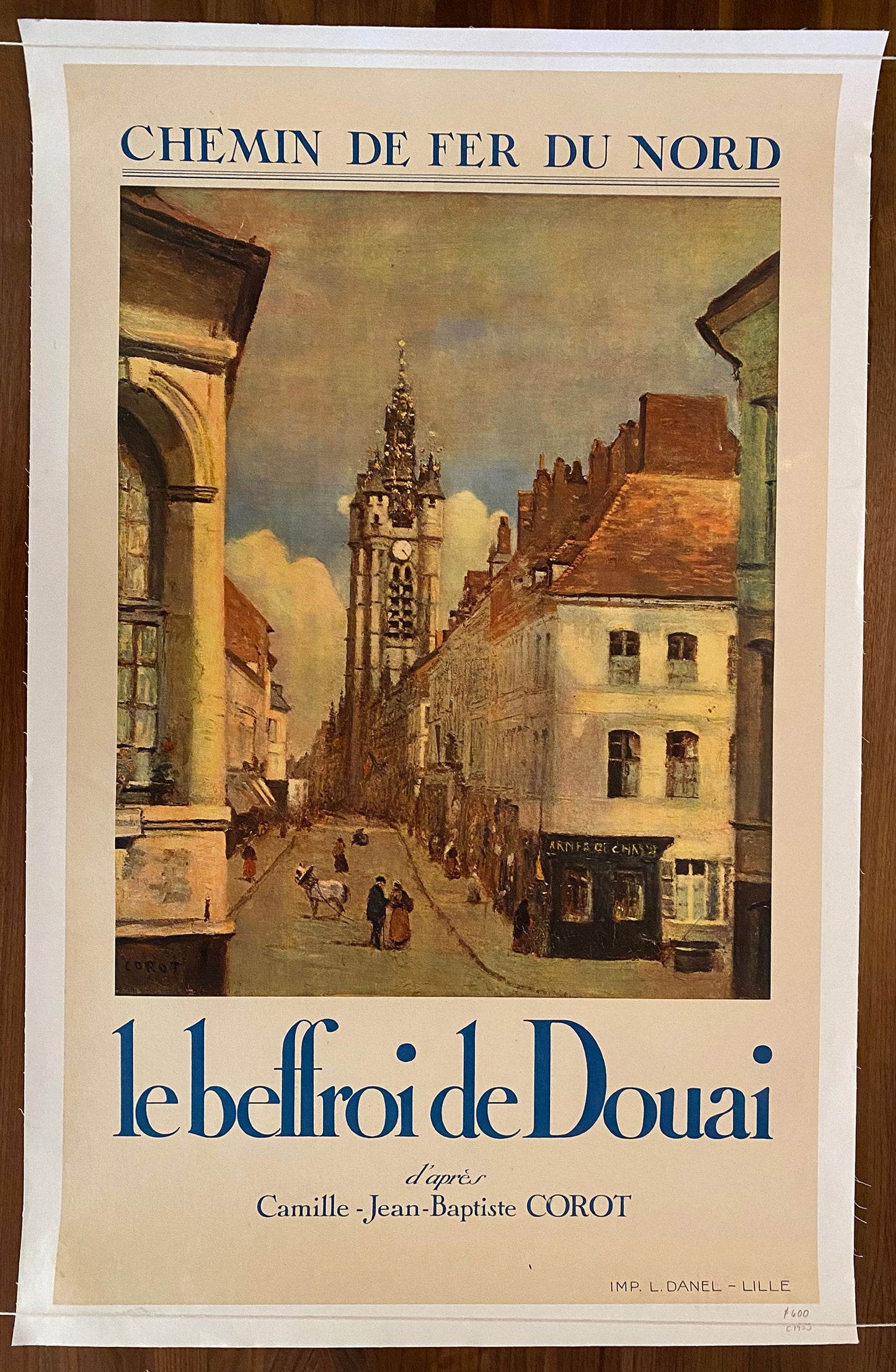 Chemin De Fer Du Nord - le beffroi de Douai - Corot Vintage Original Railway Travel Poster, L. Danel-Lille