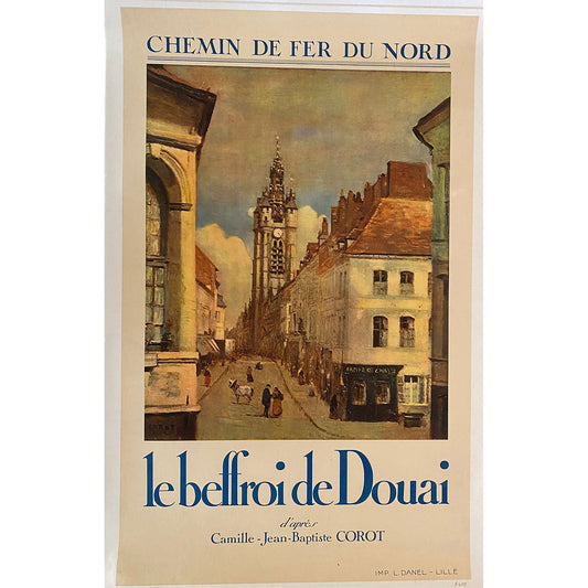 A vintage French railway poster for Chemin de Fer du Nord, featuring an illustration of a town street with a tall church tower and the text 'le belfroi de Douai'.