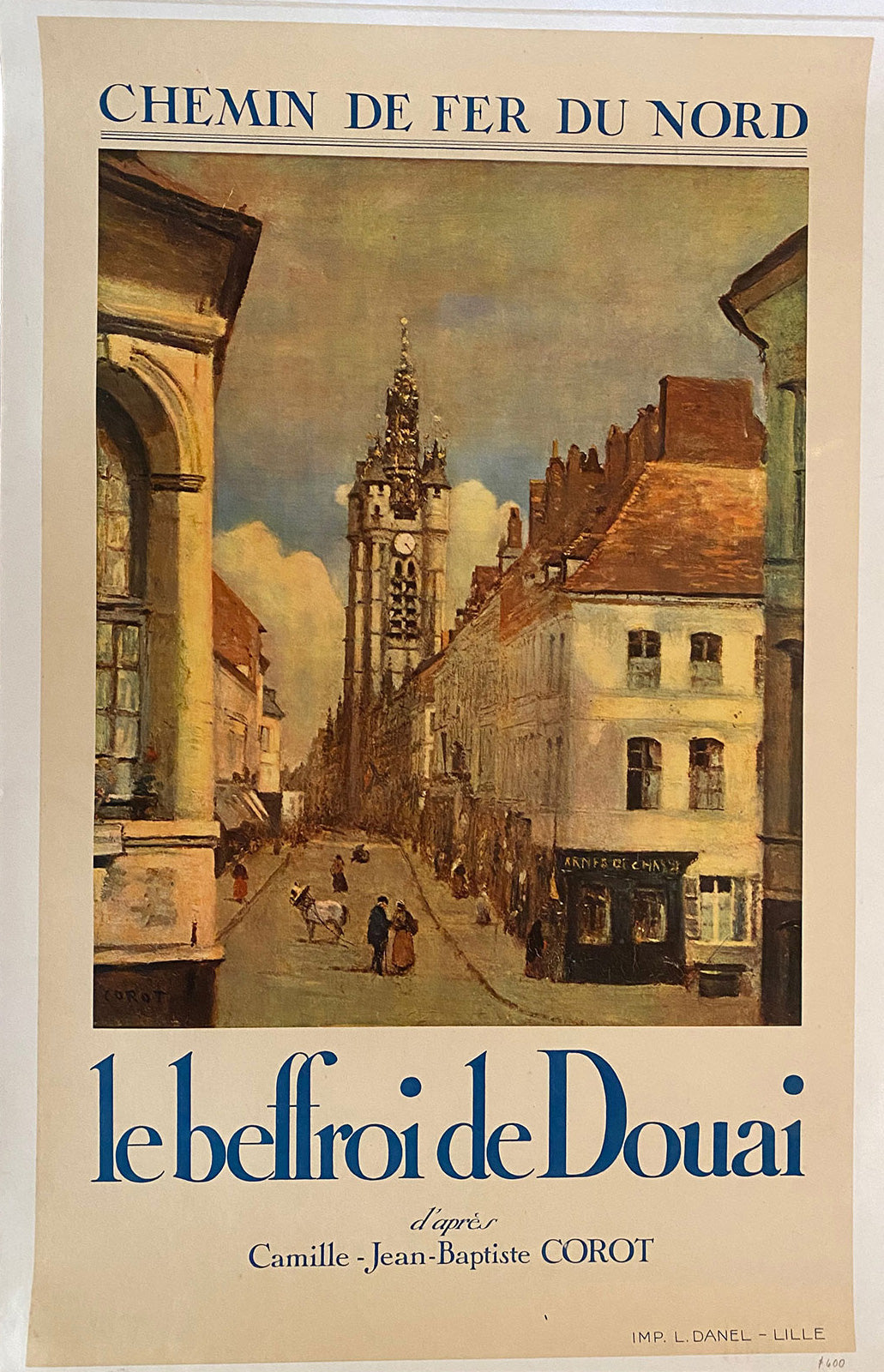 Chemin De Fer Du Nord - le beffroi de Douai - Corot Vintage Original Railway Travel Poster, L. Danel-Lille