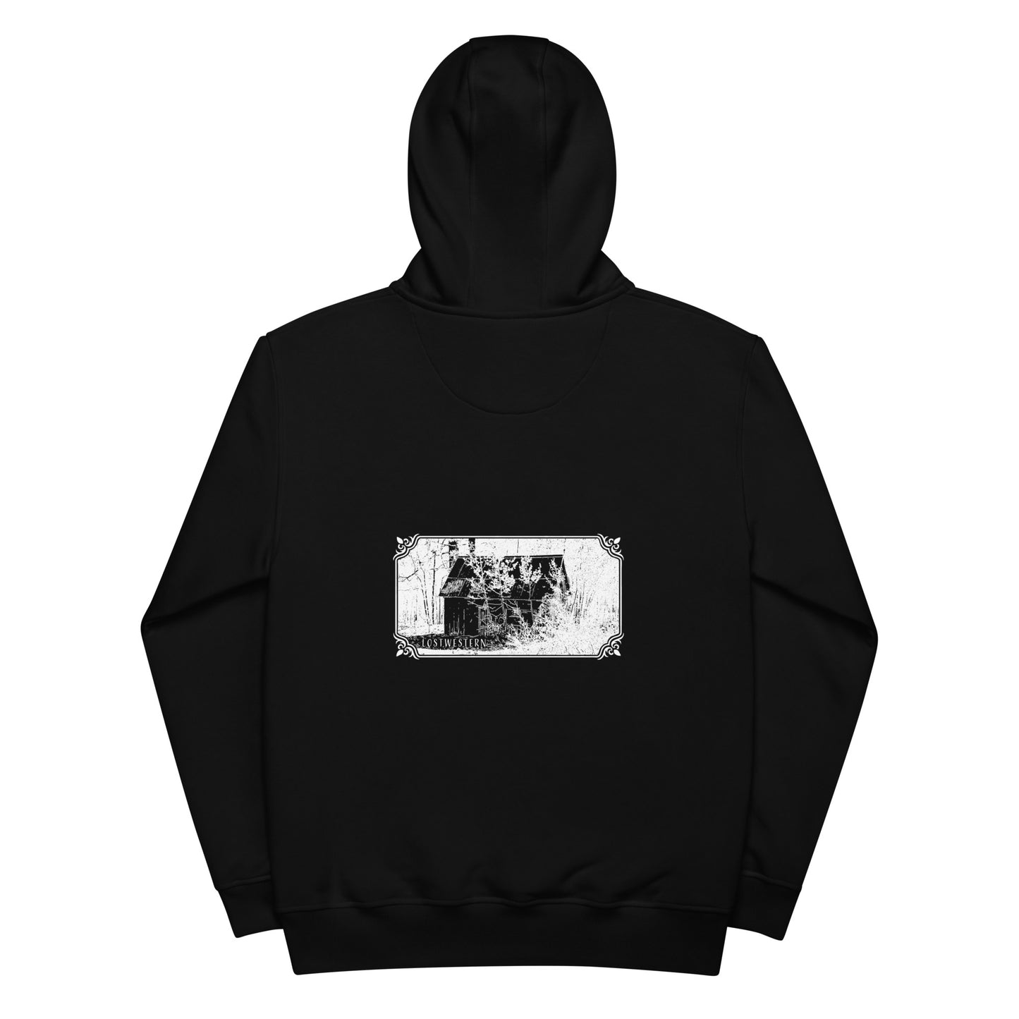 Lostwestern Premium Eco Hoodie Black with Peaks & Cabin