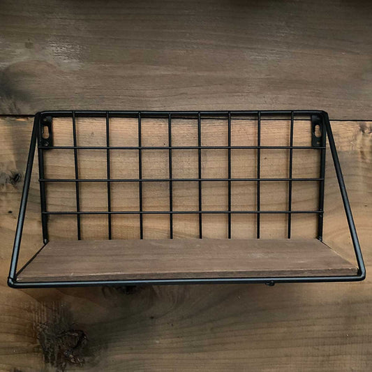 Small Metal Grid Wall Shelf With Wood Accent