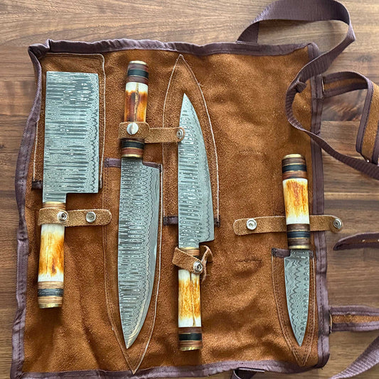 Titan Damascus Steel 4 Piece Kitchen Knife Set With Leather Carry Roll / Bag