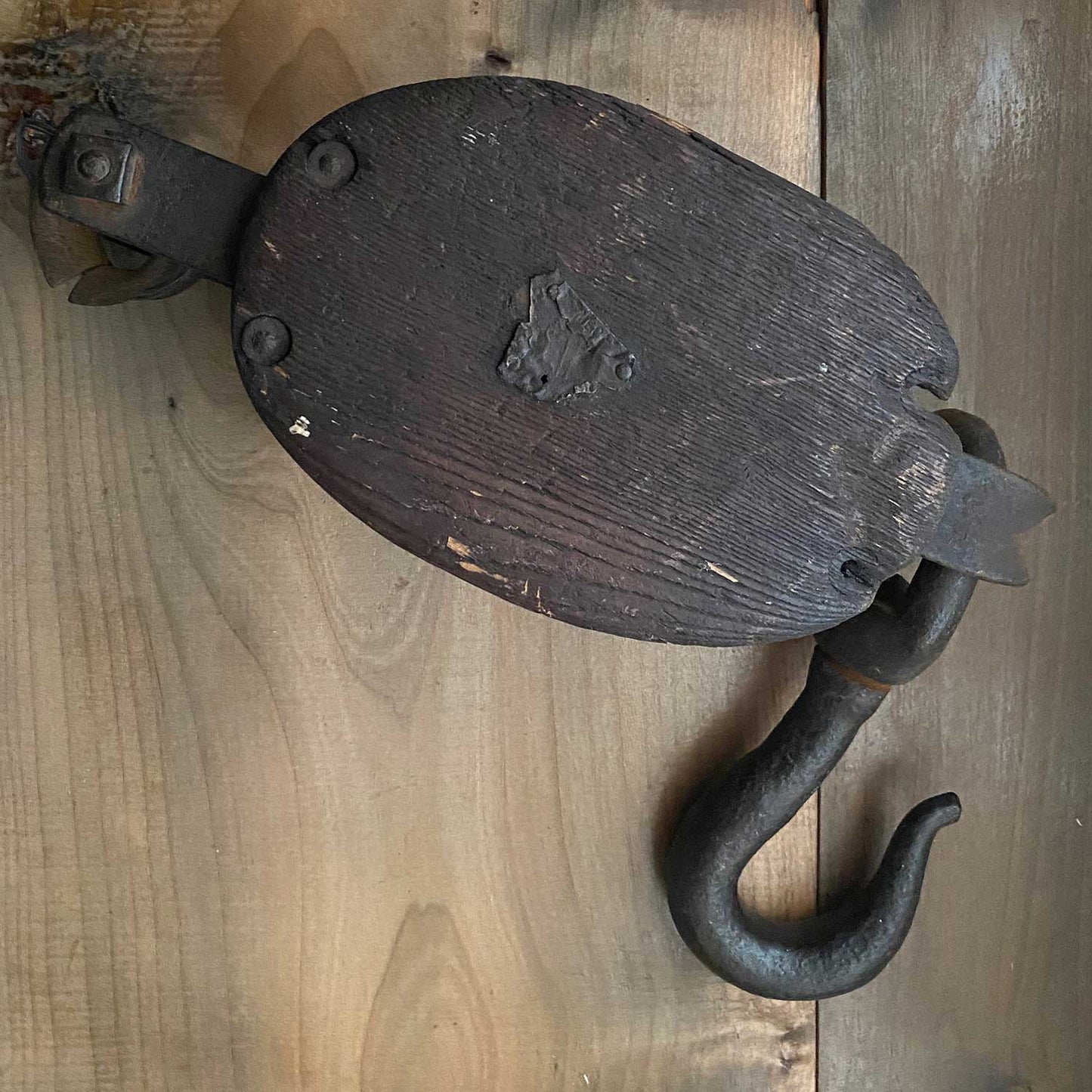 Rustic Vintage Wood Block Pulley with Dark Finish