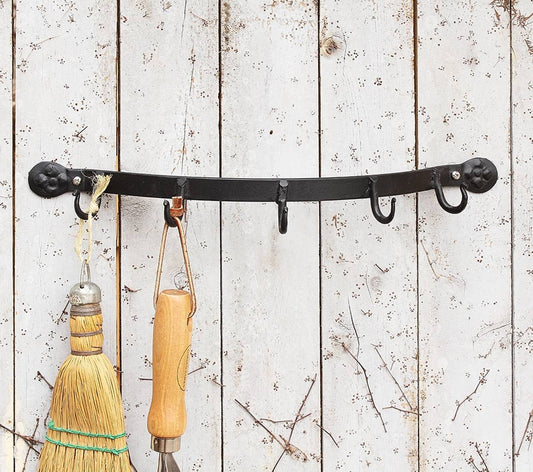 Forged Rack / Garden Tool Bracket with 5 Hooks - Black Iron Finish